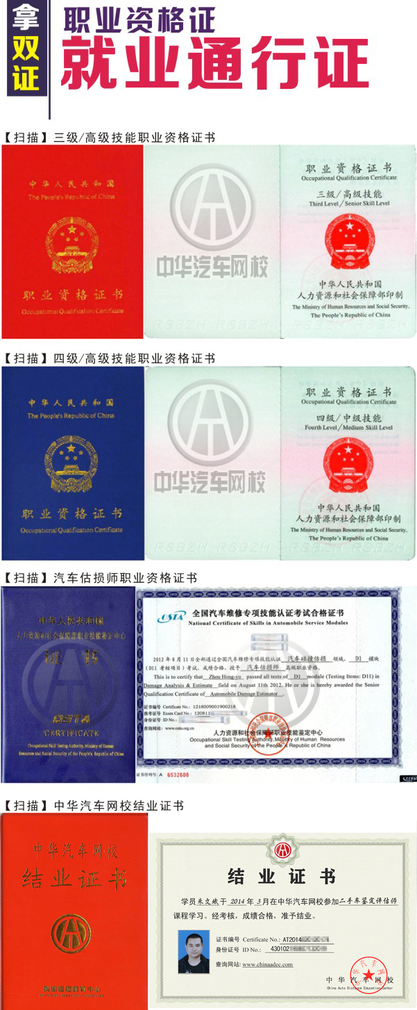 拿雙證，一次學(xué)習(xí)考取兩本證書“二手車鑒定評估師證 +汽車估損師證“或汽車營銷師證、中華汽車網(wǎng)校結(jié)業(yè)證